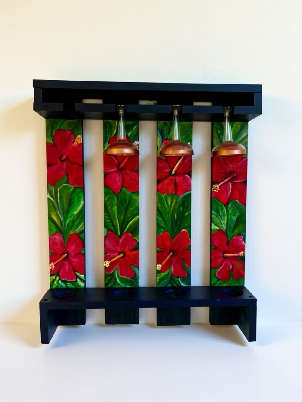 Hand-Painted Red Hibiscus Wall Wine Glass Rack - Decorative Home Accent